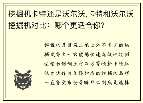 挖掘机卡特还是沃尔沃,卡特和沃尔沃挖掘机对比：哪个更适合你？